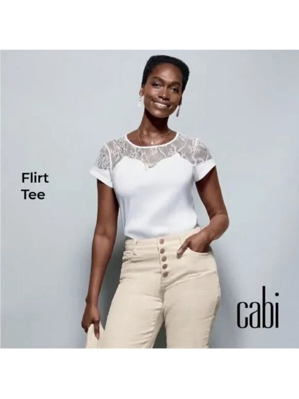 Cabi Flirt Tee White Lace Yoke Short Sleeve Top
